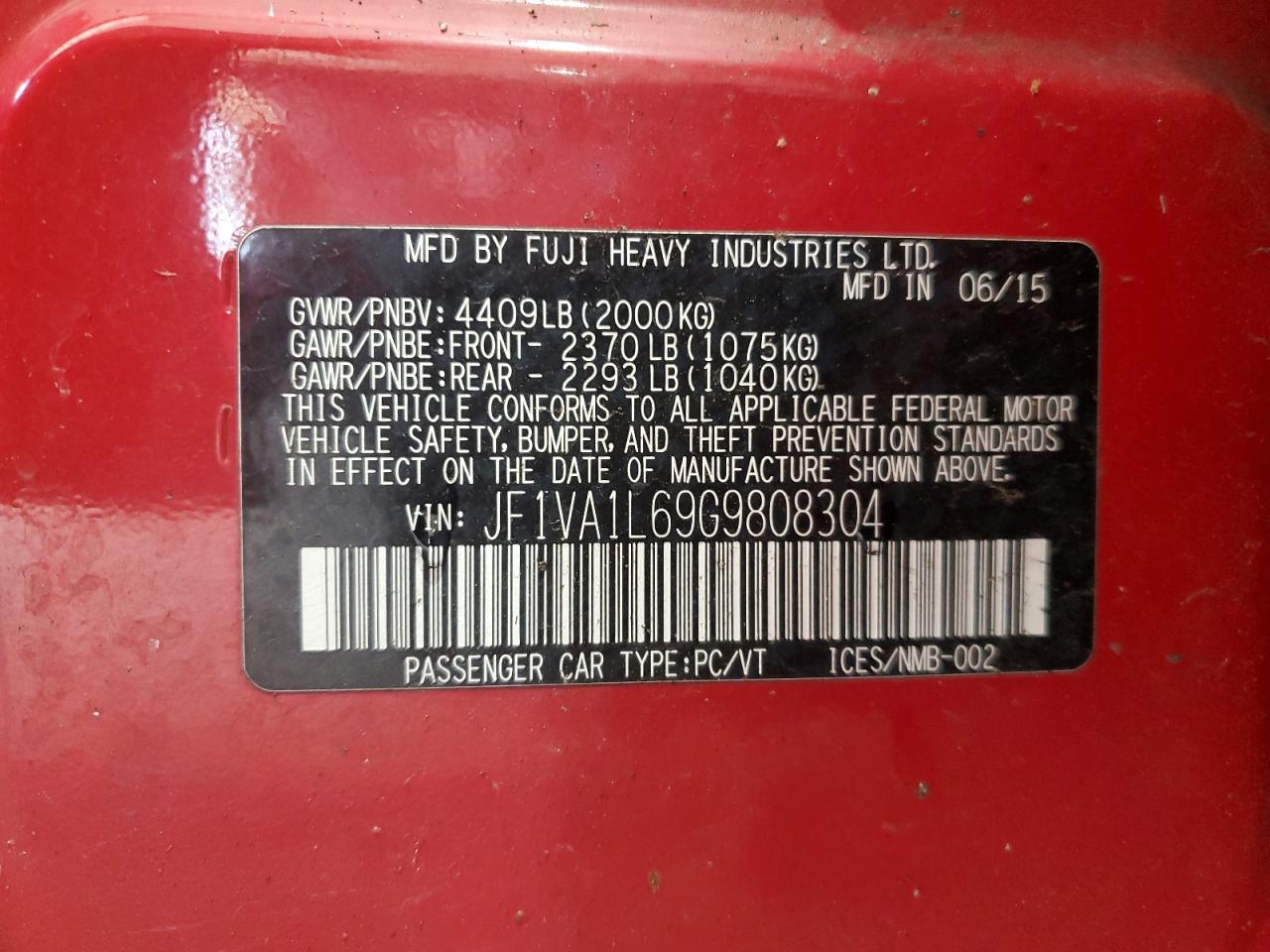 2016 Subaru Wrx Limited VIN: JF1VA1L69G9808304 Lot: 58774445