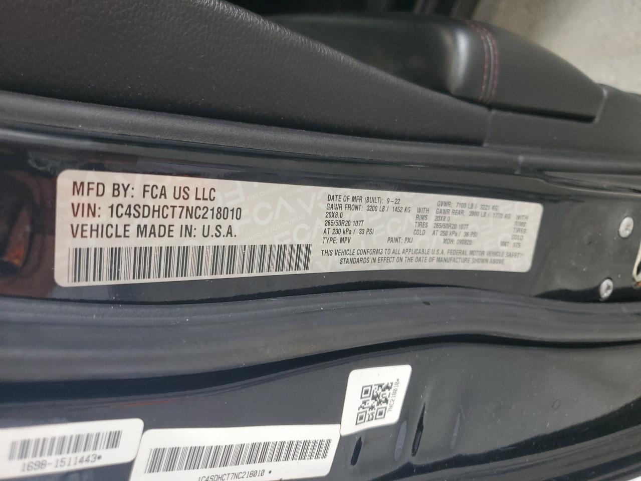 2022 Dodge Durango R/T VIN: 1C4SDHCT7NC218010 Lot: 55497825
