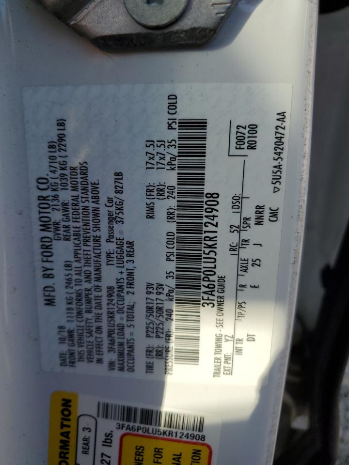 2019 Ford Fusion Se VIN: 3FA6P0LU5KR124908 Lot: 54028635