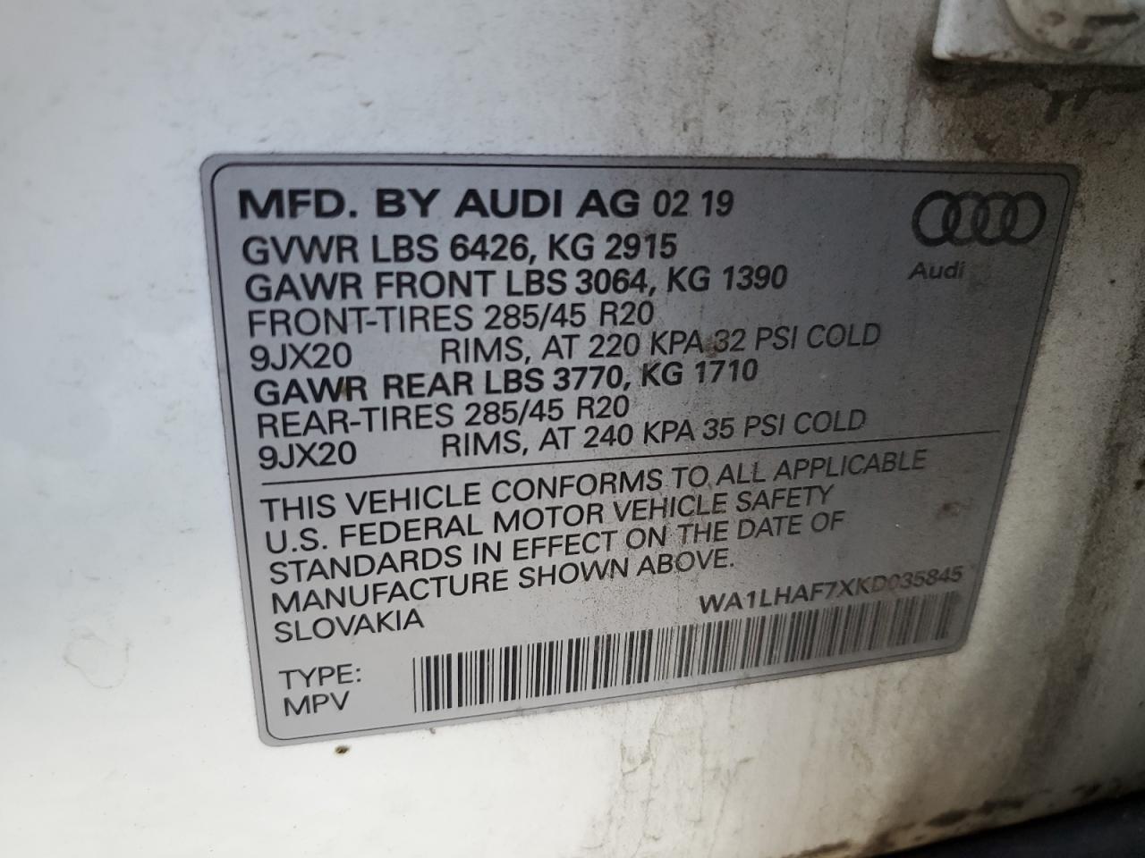 2019 Audi Q7 Premium Plus VIN: WA1LHAF7XKD035845 Lot: 58787685