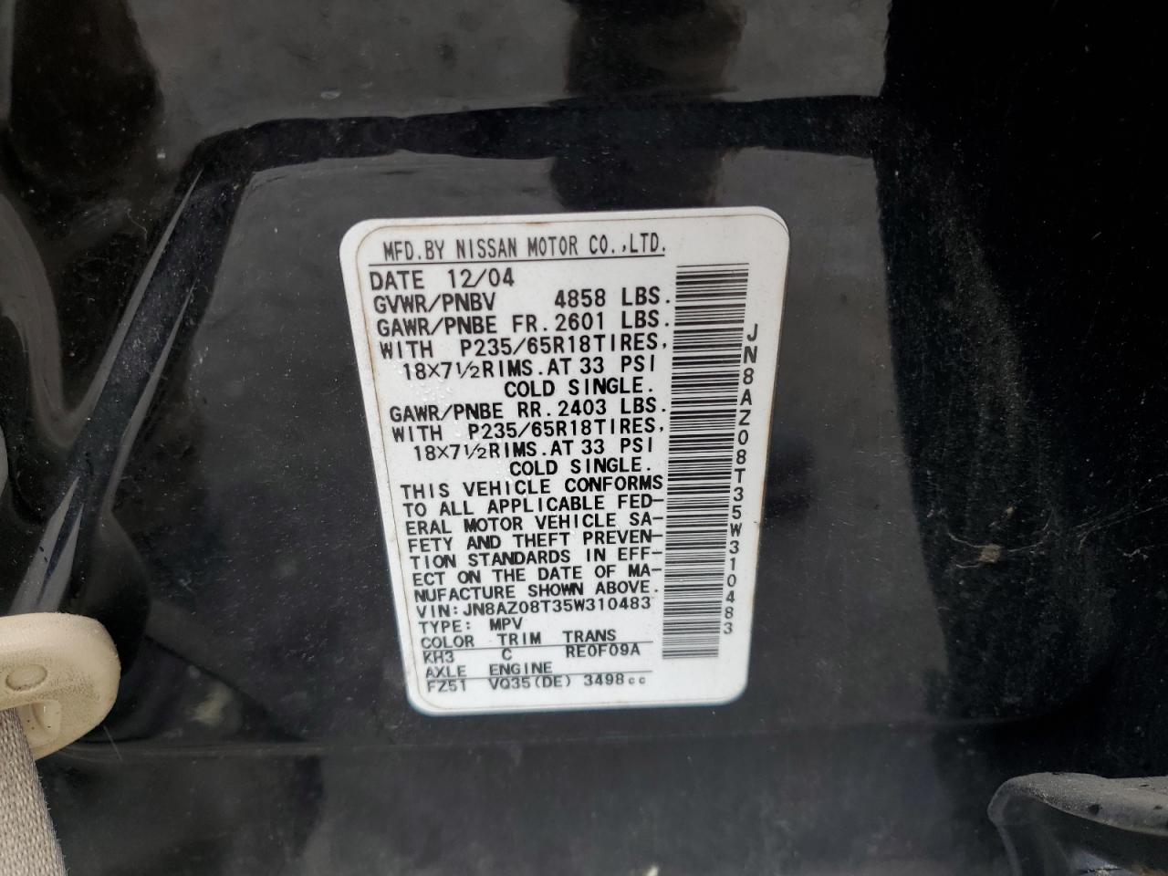 2005 Nissan Murano Sl VIN: JN8AZ08T35W310483 Lot: 56469485