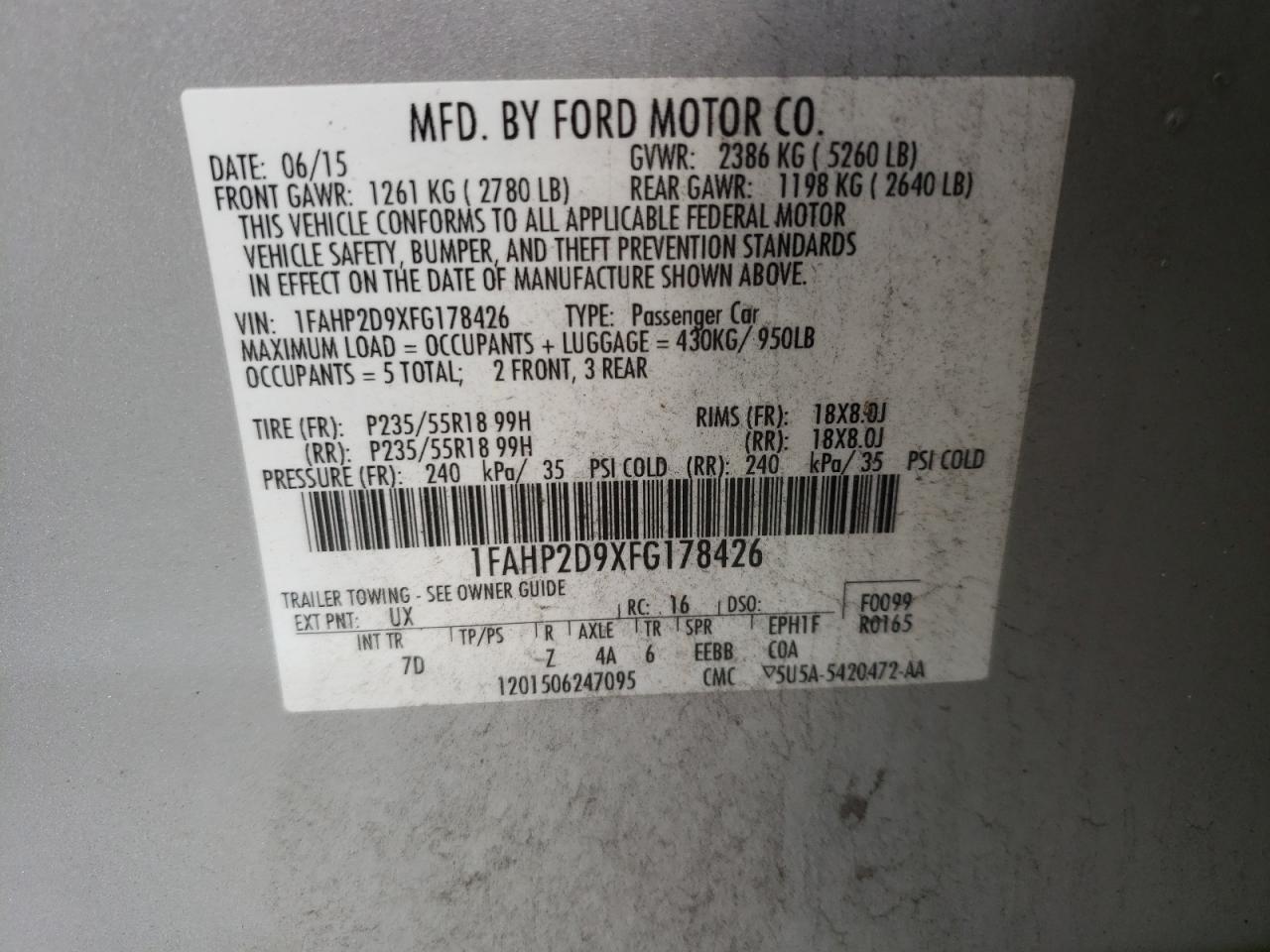 2015 Ford Taurus Se VIN: 1FAHP2D9XFG178426 Lot: 57405995
