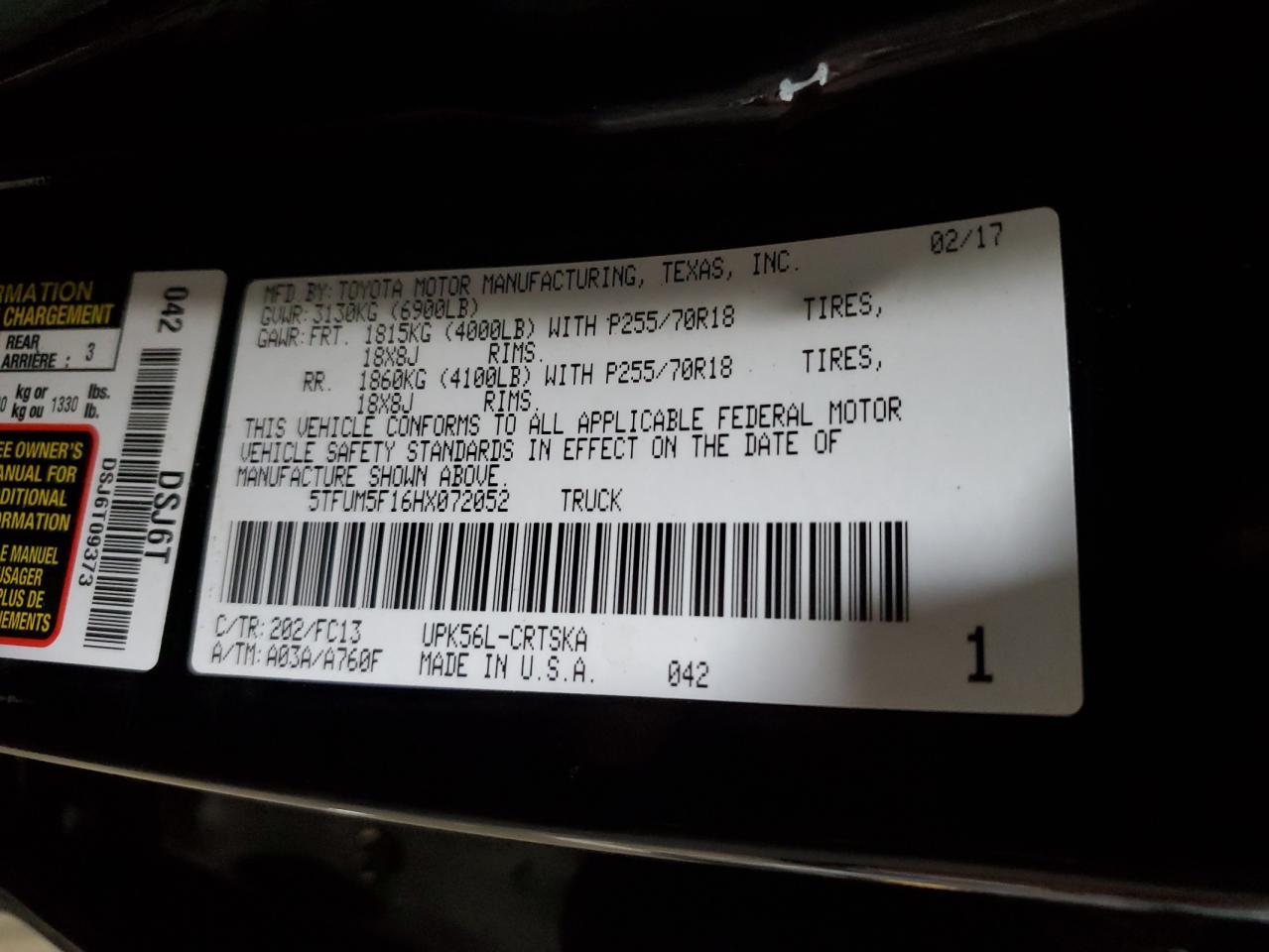 2017 Toyota Tundra Double Cab Sr VIN: 5TFUM5F16HX072052 Lot: 56895595