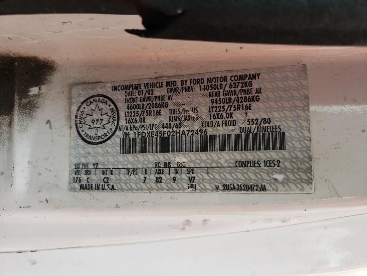 2002 Ford Econoline E450 Super Duty Cutaway Van VIN: 1FDXE45F02HA72496 Lot: 57474595