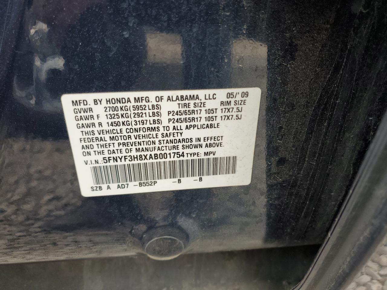 2010 Honda Pilot Touring VIN: 5FNYF3H8XAB001754 Lot: 55511125