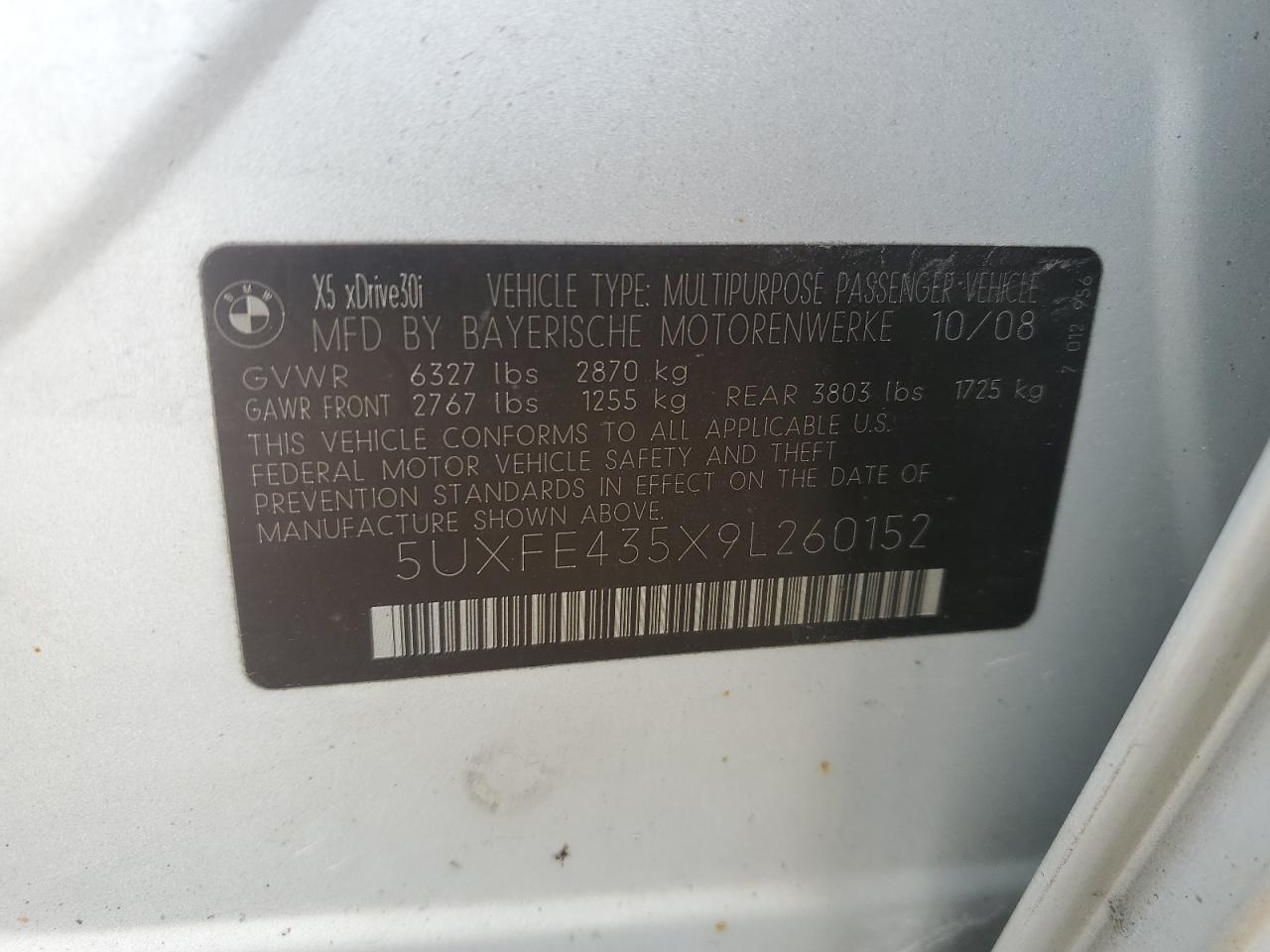 2009 BMW X5 xDrive30I VIN: 5UXFE435X9L260152 Lot: 58475685