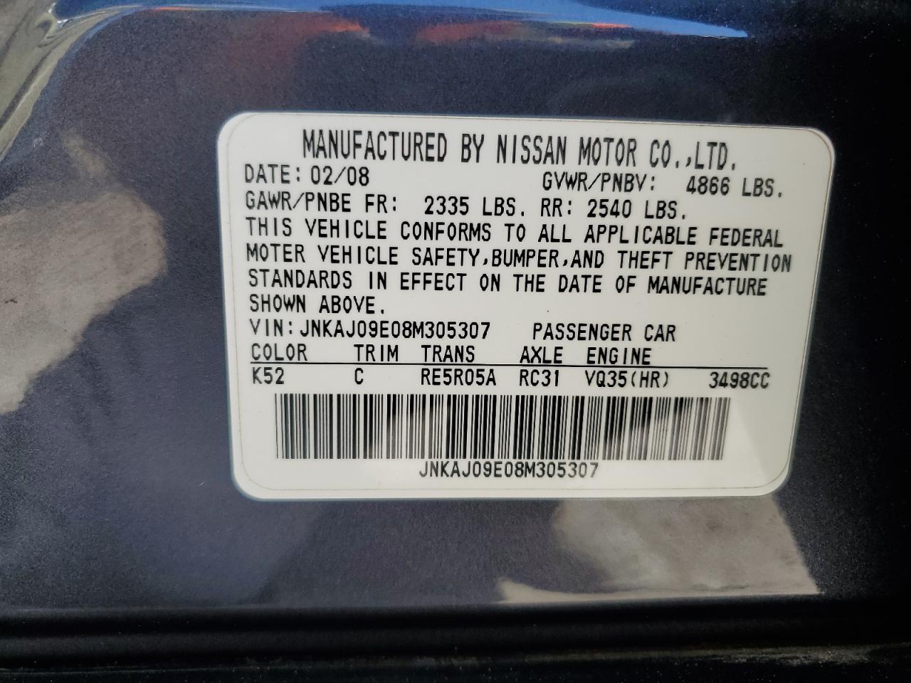 2008 Infiniti Ex35 Base VIN: JNKAJ09E08M305307 Lot: 56684735