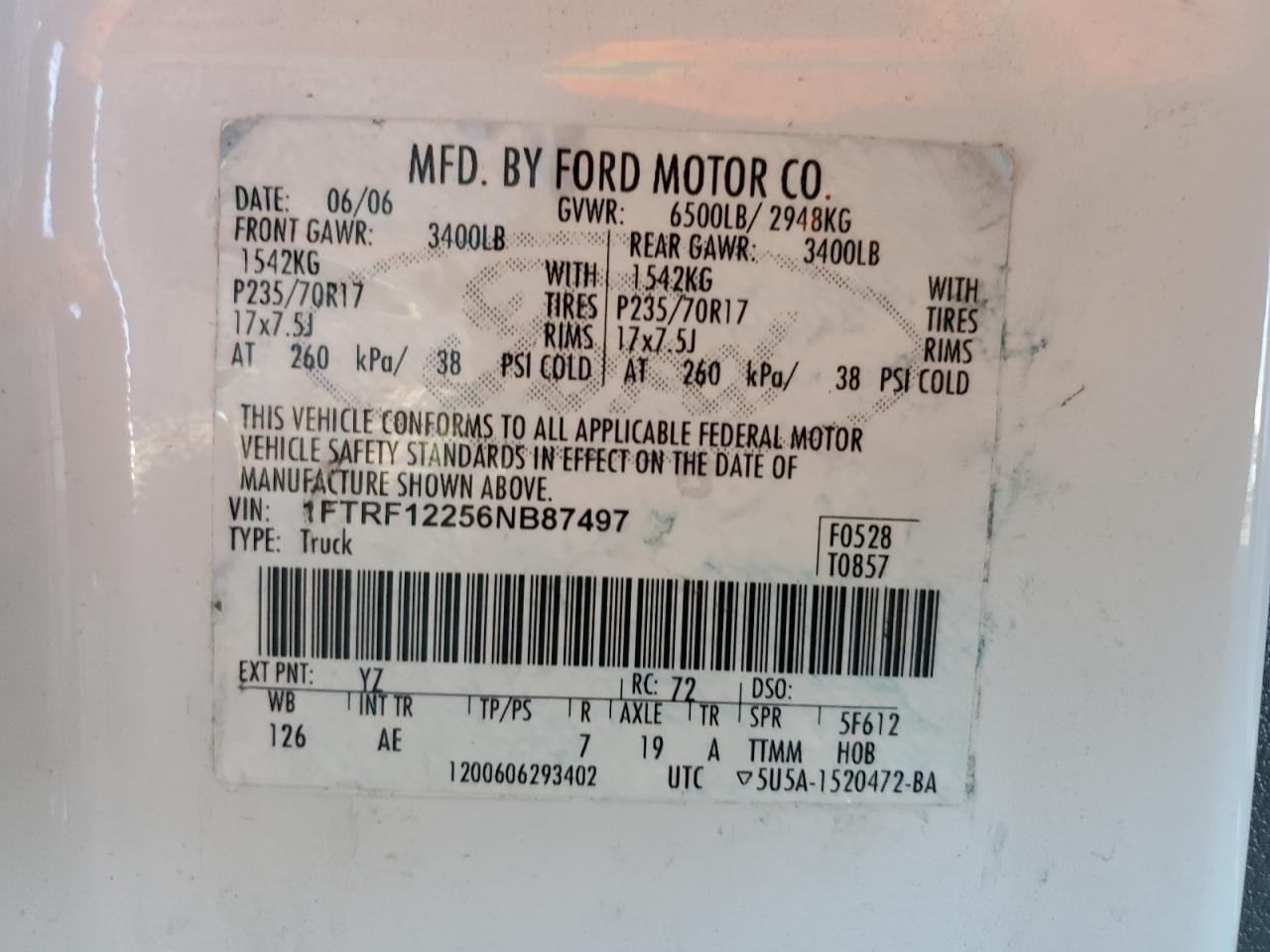2006 Ford F150 VIN: 1FTRF12256NB87497 Lot: 57117645