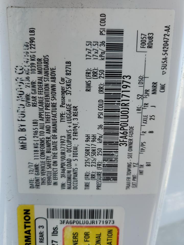 2018 Ford Fusion Se Hybrid VIN: 3FA6P0LU0JR171973 Lot: 54035055