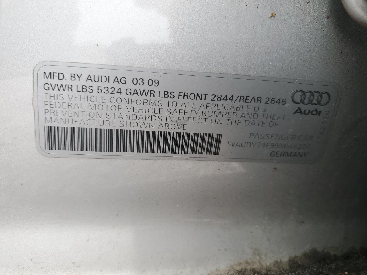2009 Audi A6 Premium VIN: WAUDV74F99N046224 Lot: 56472885