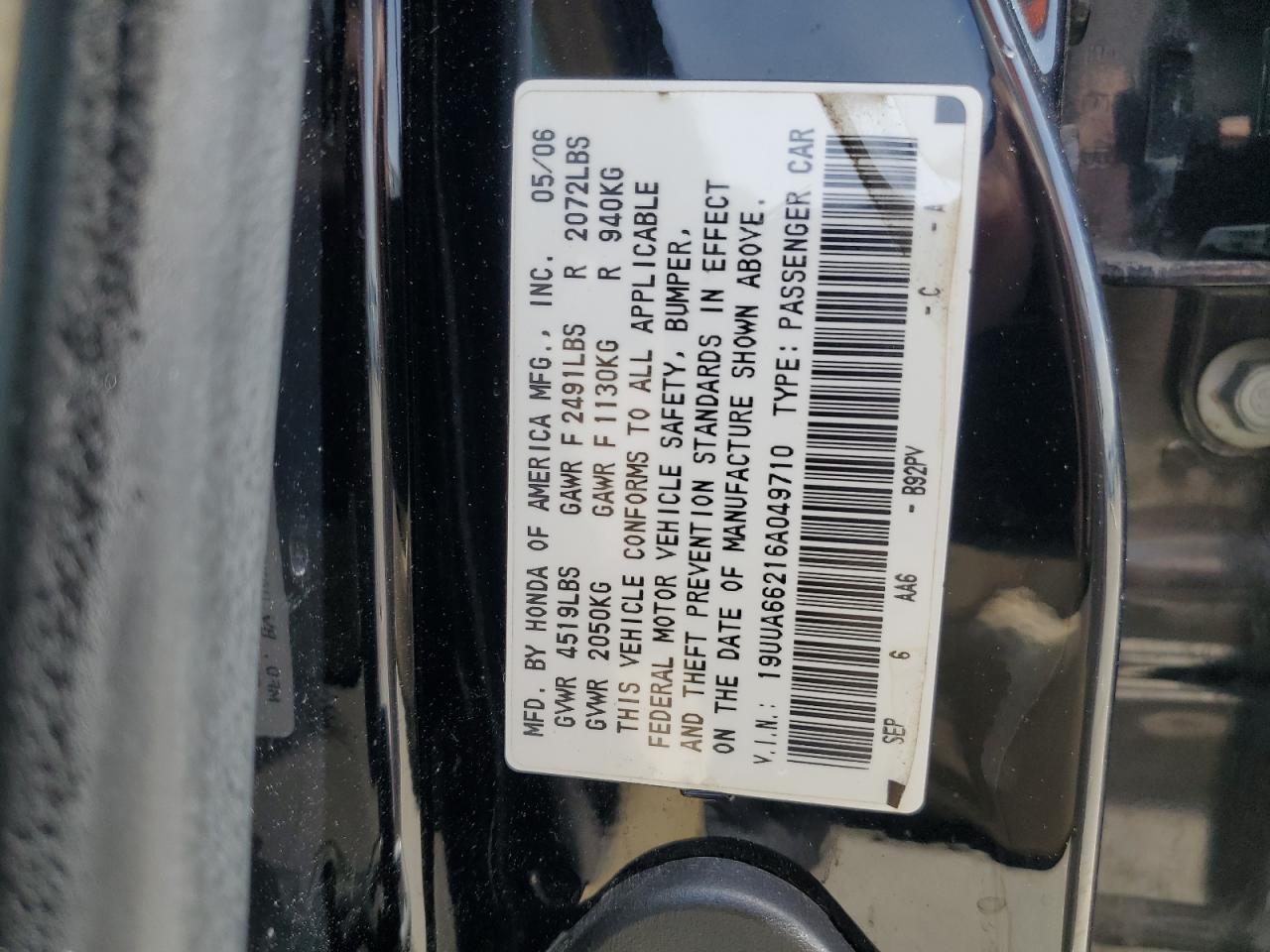 2006 Acura 3.2Tl VIN: 19UUA66216A049710 Lot: 56460705