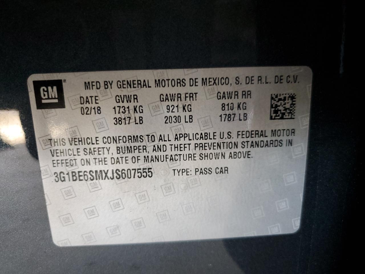2018 Chevrolet Cruze Lt VIN: 3G1BE6SMXJS607555 Lot: 56755185