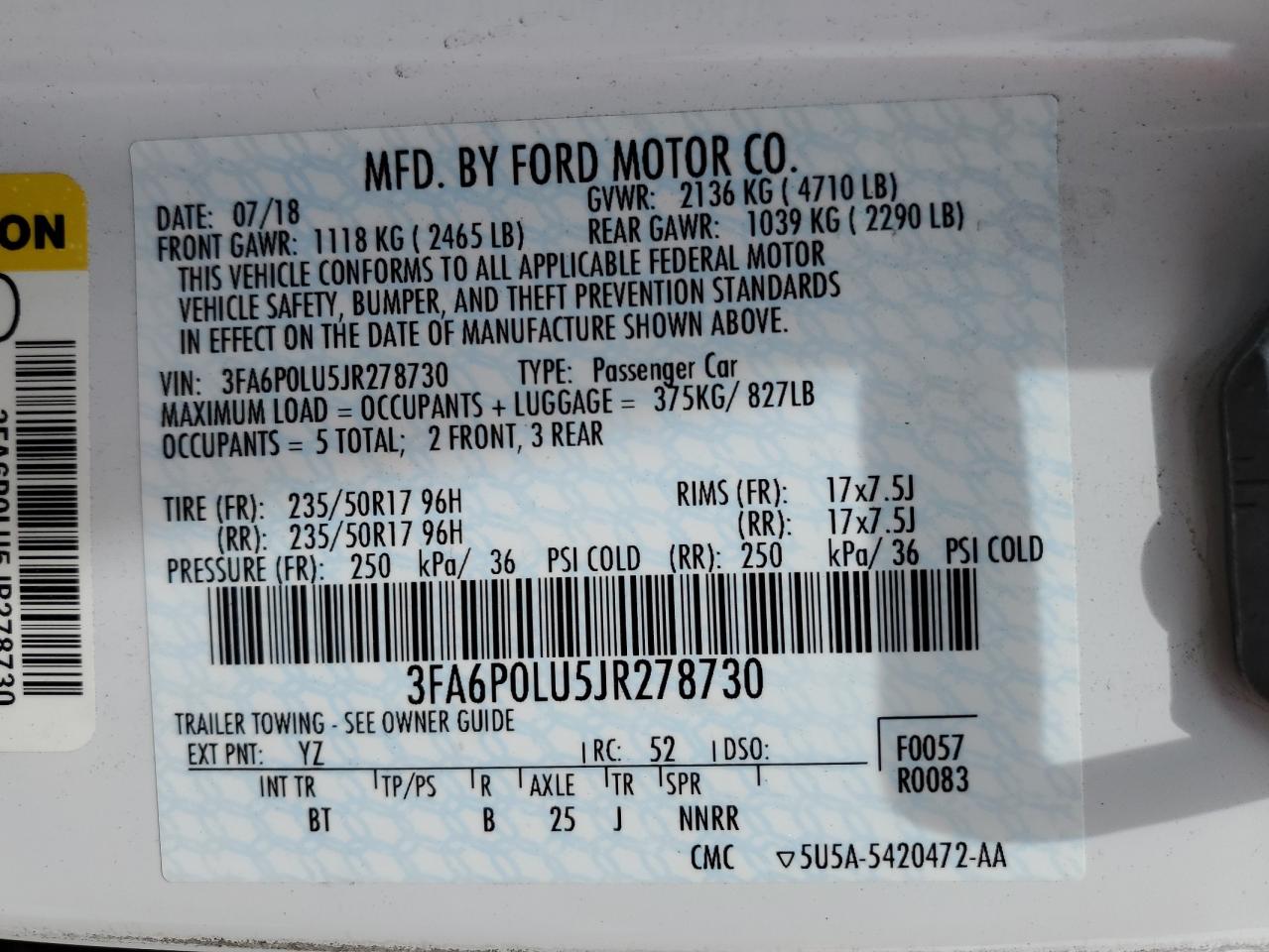 2018 Ford Fusion Se Hybrid VIN: 3FA6P0LU5JR278730 Lot: 54025515