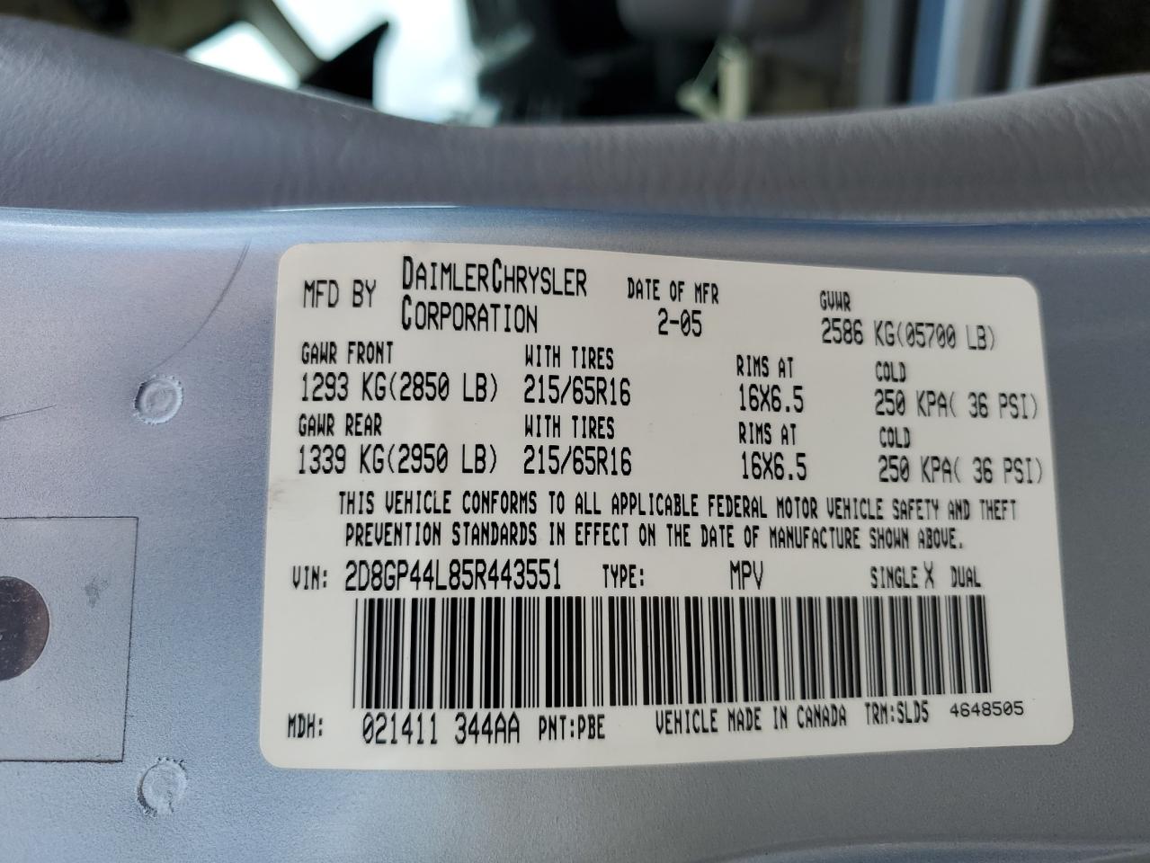 2005 Dodge Grand Caravan Sxt VIN: 2D8GP44L85R443551 Lot: 56646205