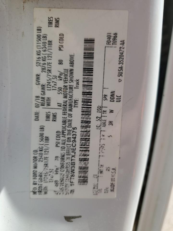2018 Ford F350 Super Duty VIN: 1FT8W3BTXJEC94375 Lot: 54020365