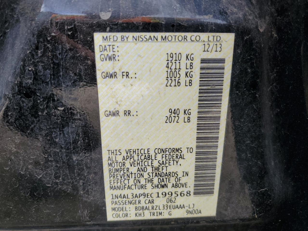 2014 Nissan Altima 2.5 VIN: 1N4AL3AP9EC199568 Lot: 54561155