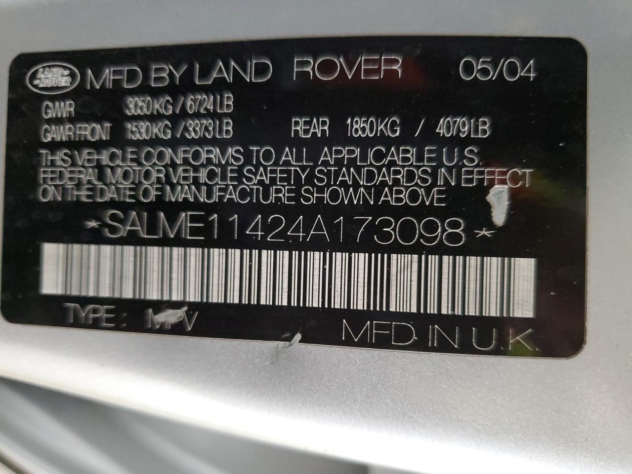 2004 Land Rover Range Rover Hse VIN: SALME11424A173098 Lot: 55669715