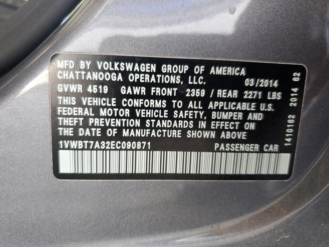 2014 Volkswagen Passat Se VIN: 1VWBT7A32EC090871 Lot: 57350735