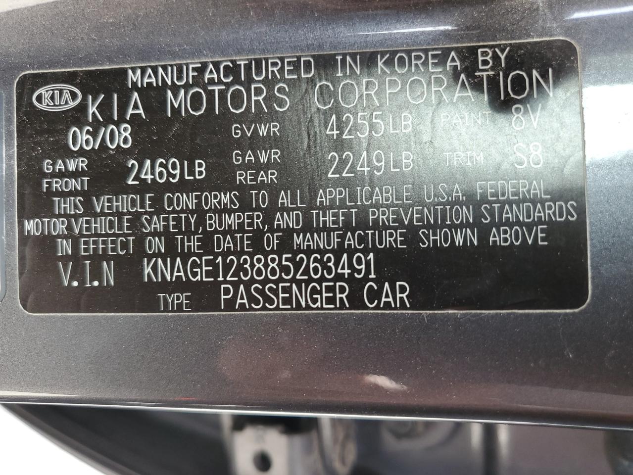 2008 Kia Optima Lx VIN: KNAGE123885263491 Lot: 56947015