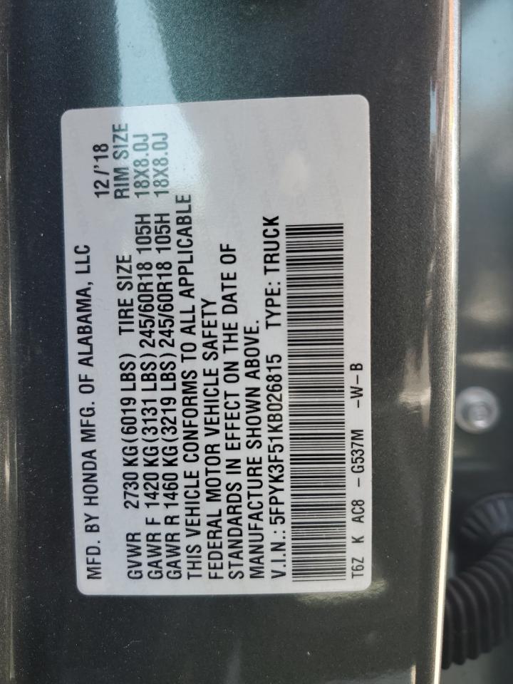 2019 Honda Ridgeline Rtl VIN: 5FPYK3F51KB026815 Lot: 57306165
