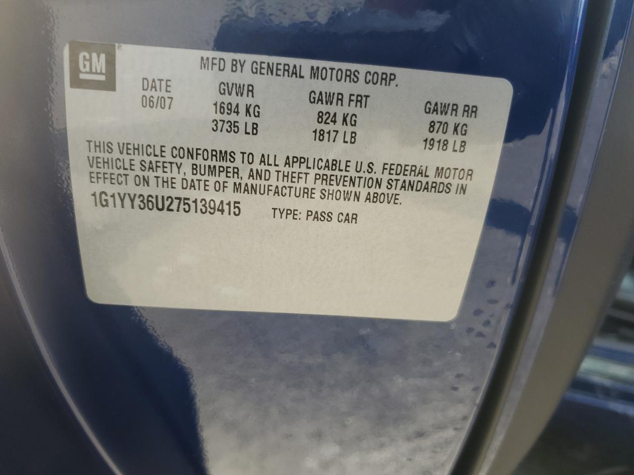 2007 Chevrolet Corvette VIN: 1G1YY36U275139415 Lot: 55998845