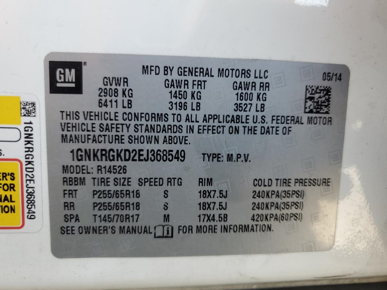 2014 Chevrolet Traverse Lt VIN: 1GNKRGKD2EJ368549 Lot: 57446665