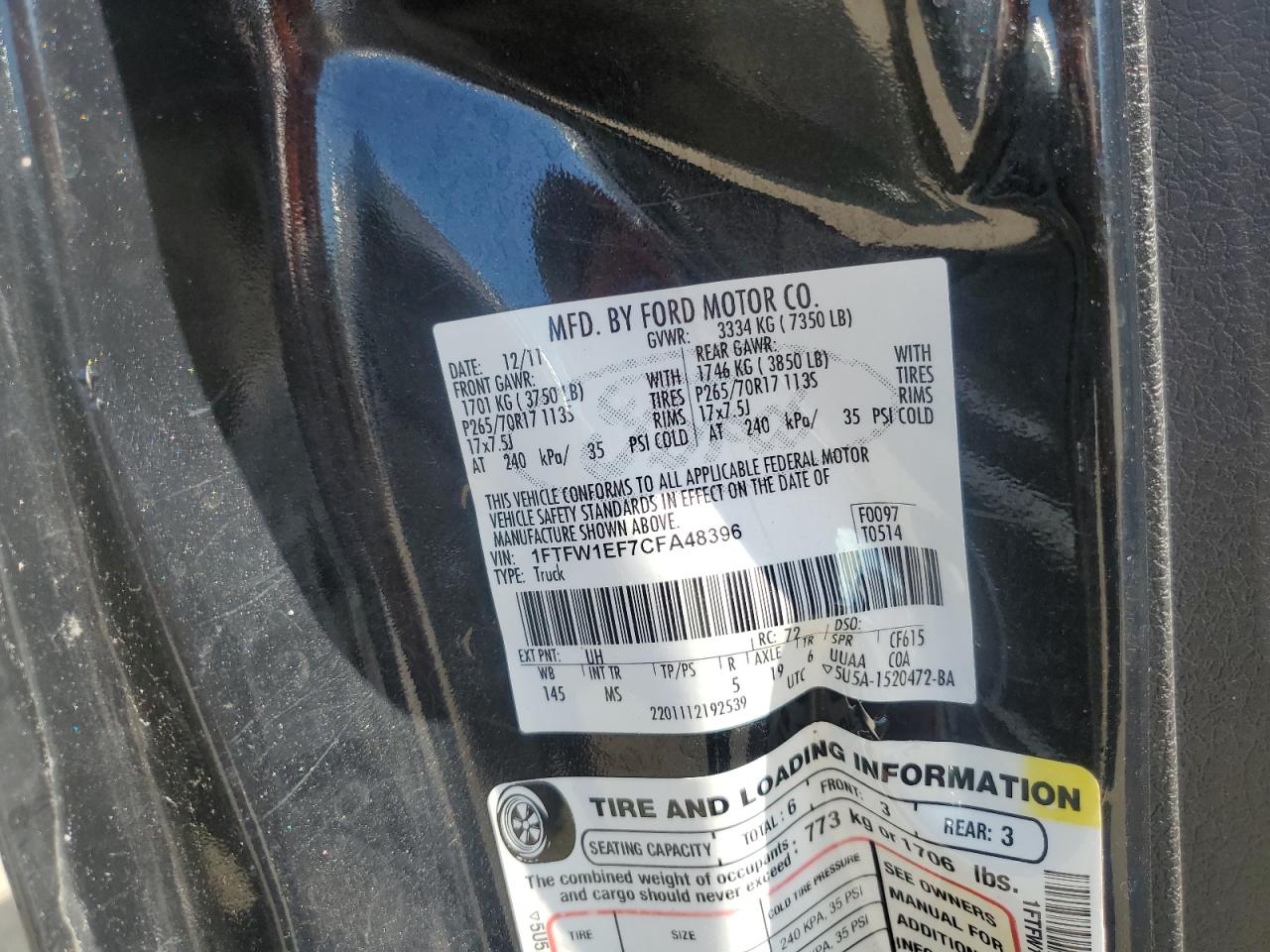 2012 Ford F150 Supercrew VIN: 1FTFW1EF7CFA48396 Lot: 57135155