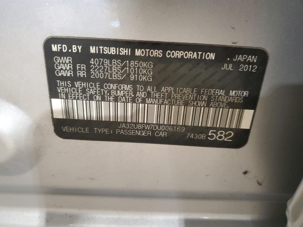 2013 Mitsubishi Lancer Gt VIN: JA32U8FW7DU006169 Lot: 56306615