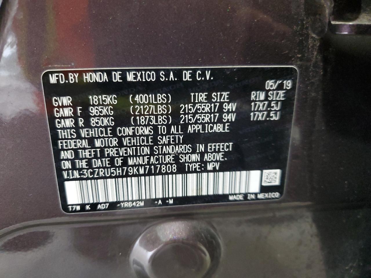 2019 Honda Hr-V Exl VIN: 3CZRU5H79KM717808 Lot: 56596495