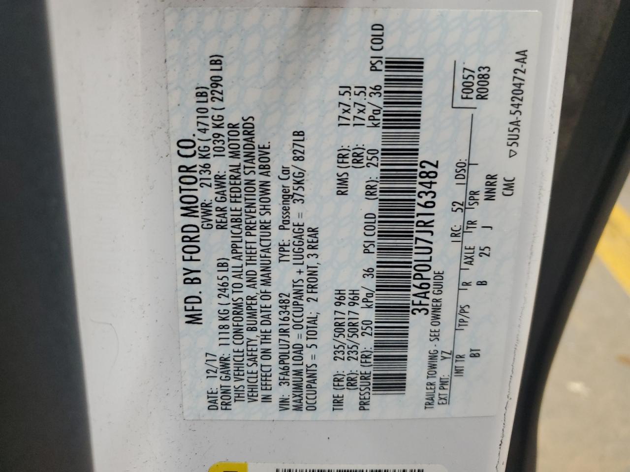 2018 Ford Fusion Se Hybrid VIN: 3FA6P0LU7JR163482 Lot: 54027985