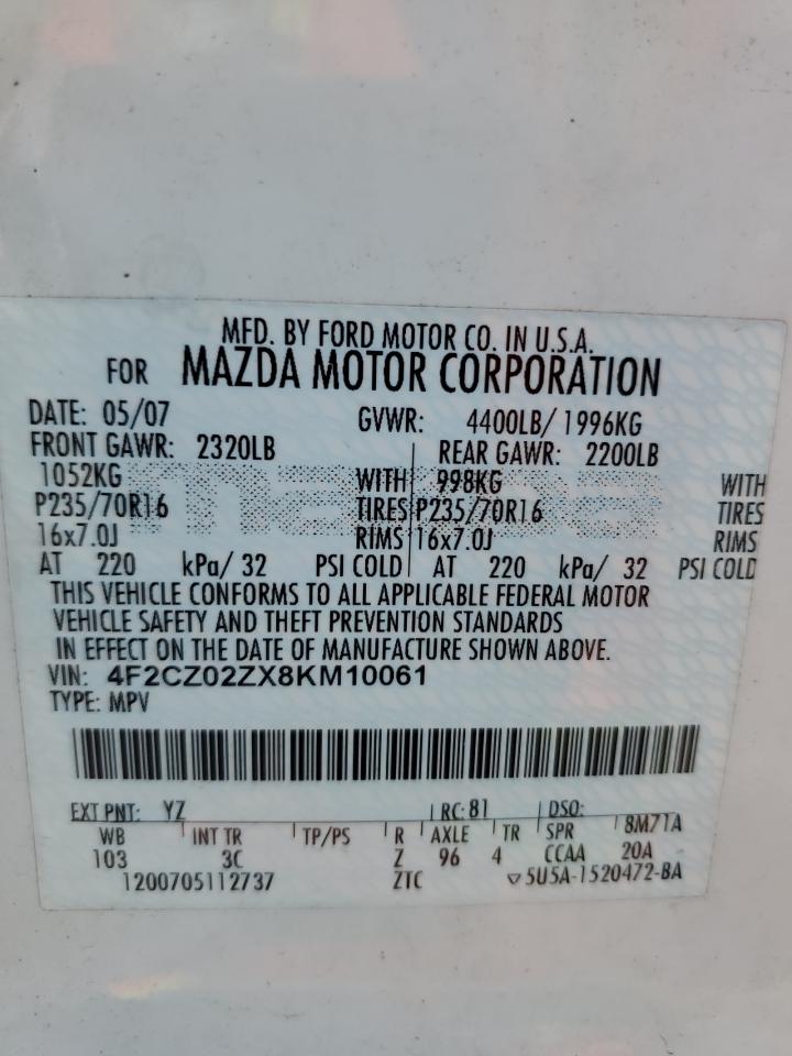 2008 Mazda Tribute I VIN: 4F2CZ02ZX8KM10061 Lot: 55806035