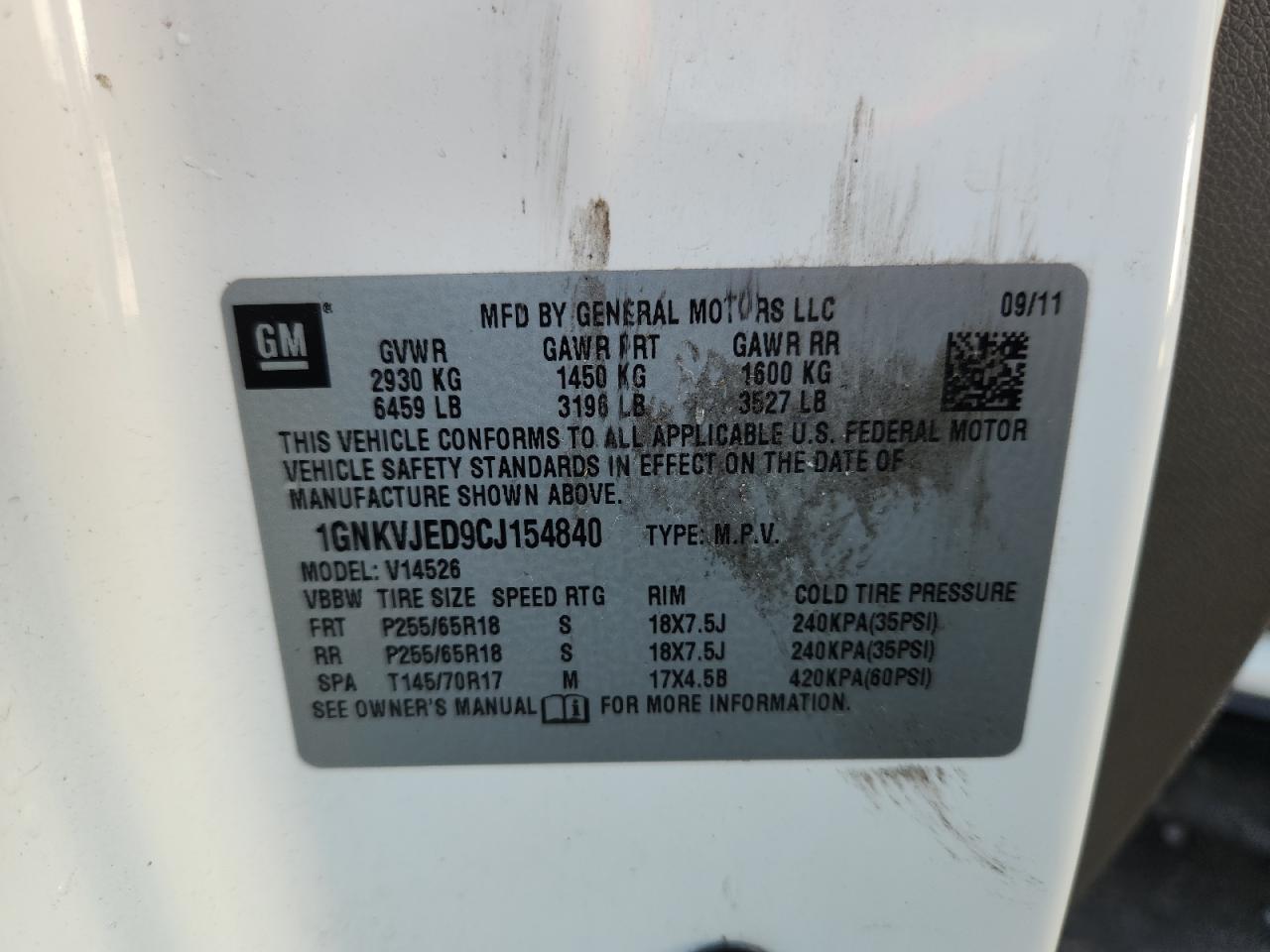 2012 Chevrolet Traverse Lt VIN: 1GNKVJED9CJ154840 Lot: 58229195