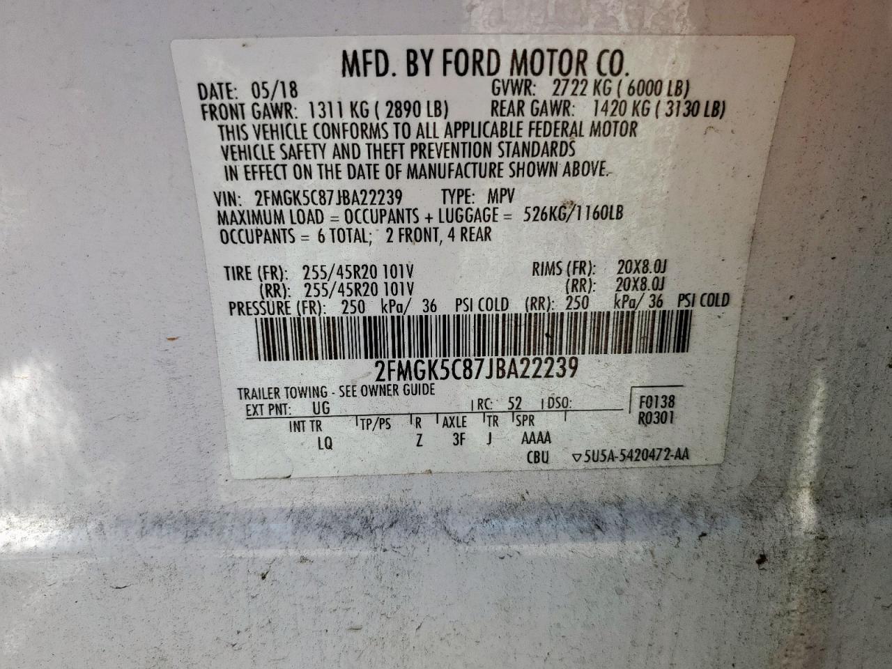 2018 Ford Flex Sel VIN: 2FMGK5C87JBA22239 Lot: 58258715