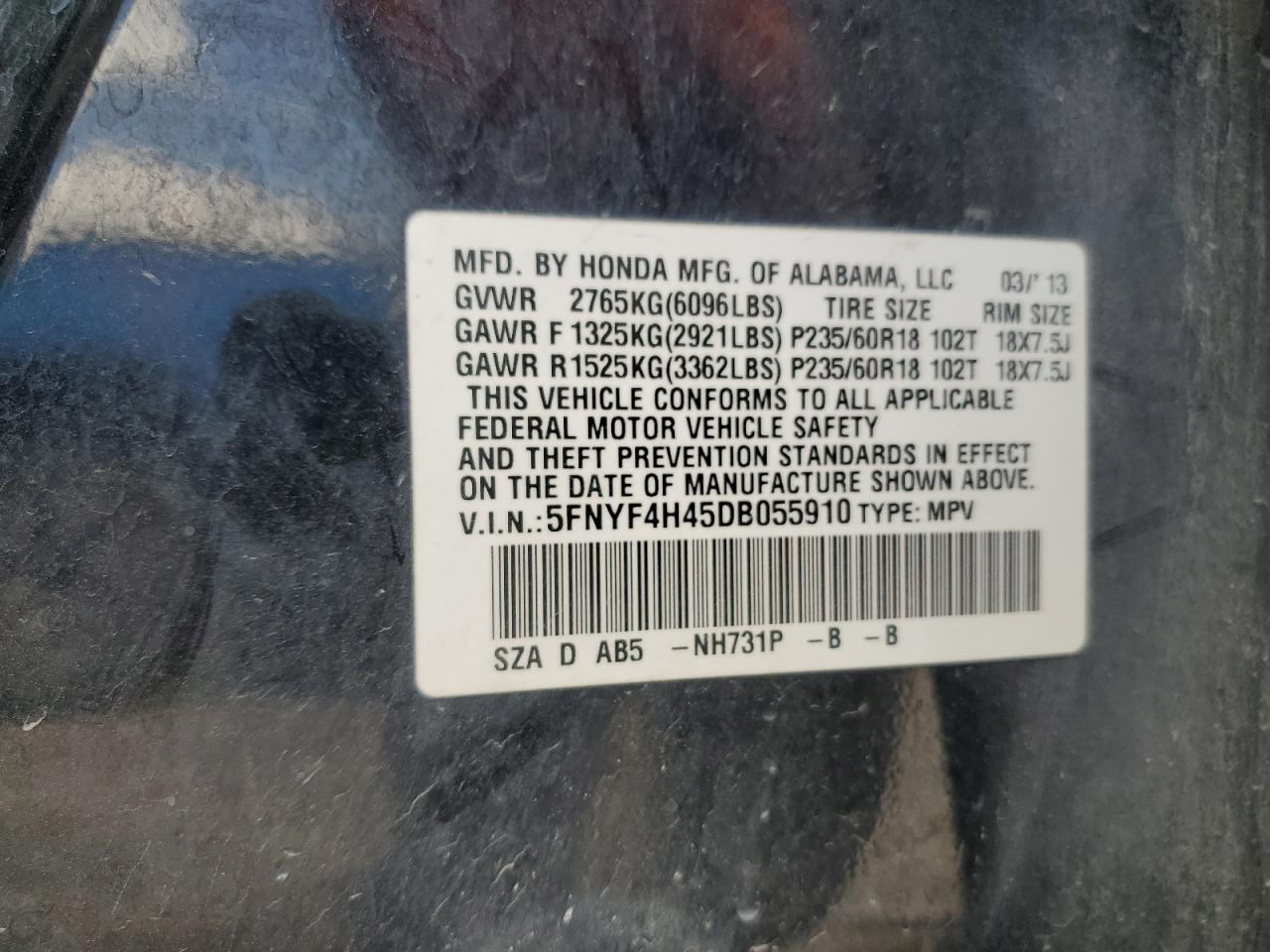2013 Honda Pilot Ex VIN: 5FNYF4H45DB055910 Lot: 56867145