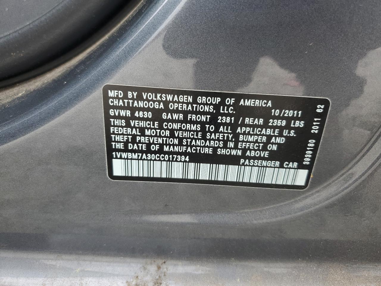 2012 Volkswagen Passat Se VIN: 1VWBM7A30CC017394 Lot: 57055145