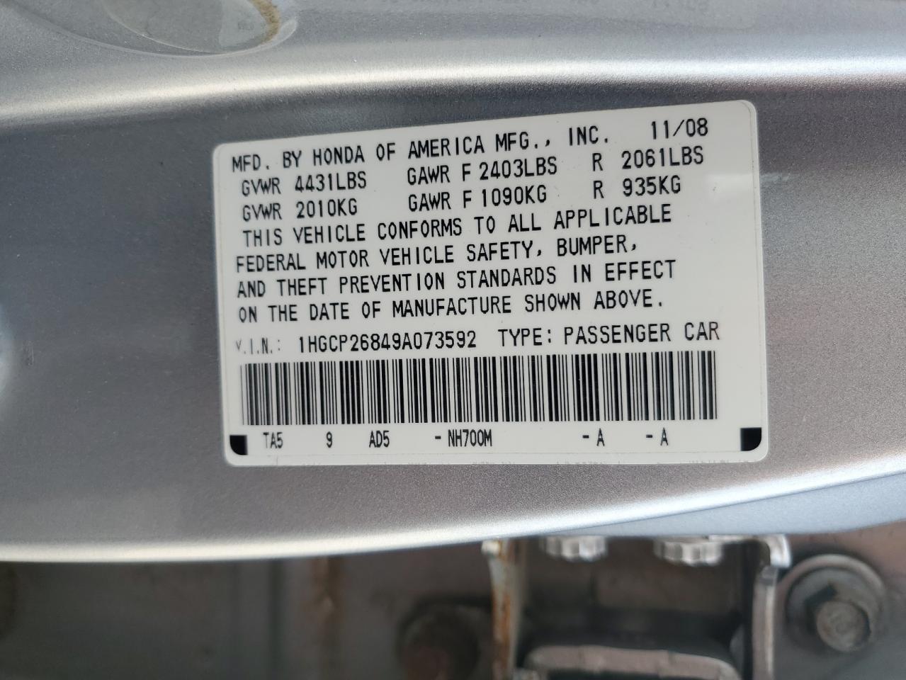 2009 Honda Accord Exl VIN: 1HGCP26849A073592 Lot: 57048825
