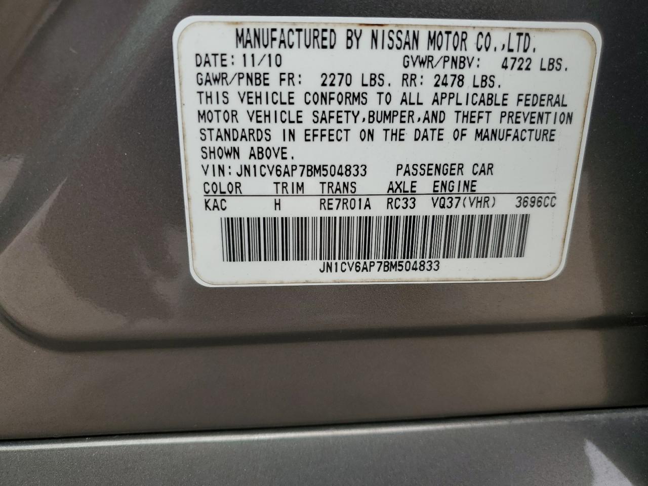 2011 Infiniti G37 Base VIN: JN1CV6AP7BM504833 Lot: 56696695
