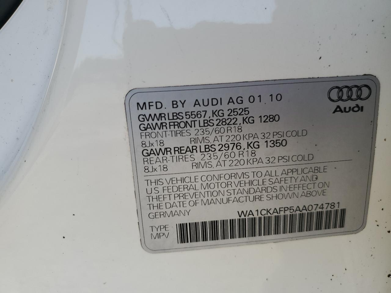 2010 Audi Q5 Premium VIN: WA1CKAFP5AA074781 Lot: 57316765