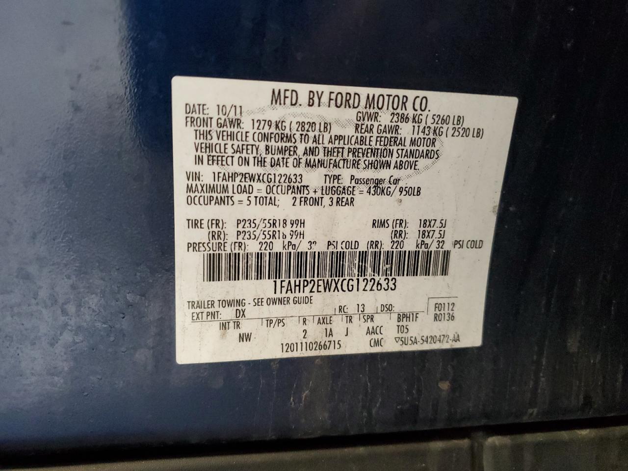 2012 Ford Taurus Sel VIN: 1FAHP2EWXCG122633 Lot: 56698675
