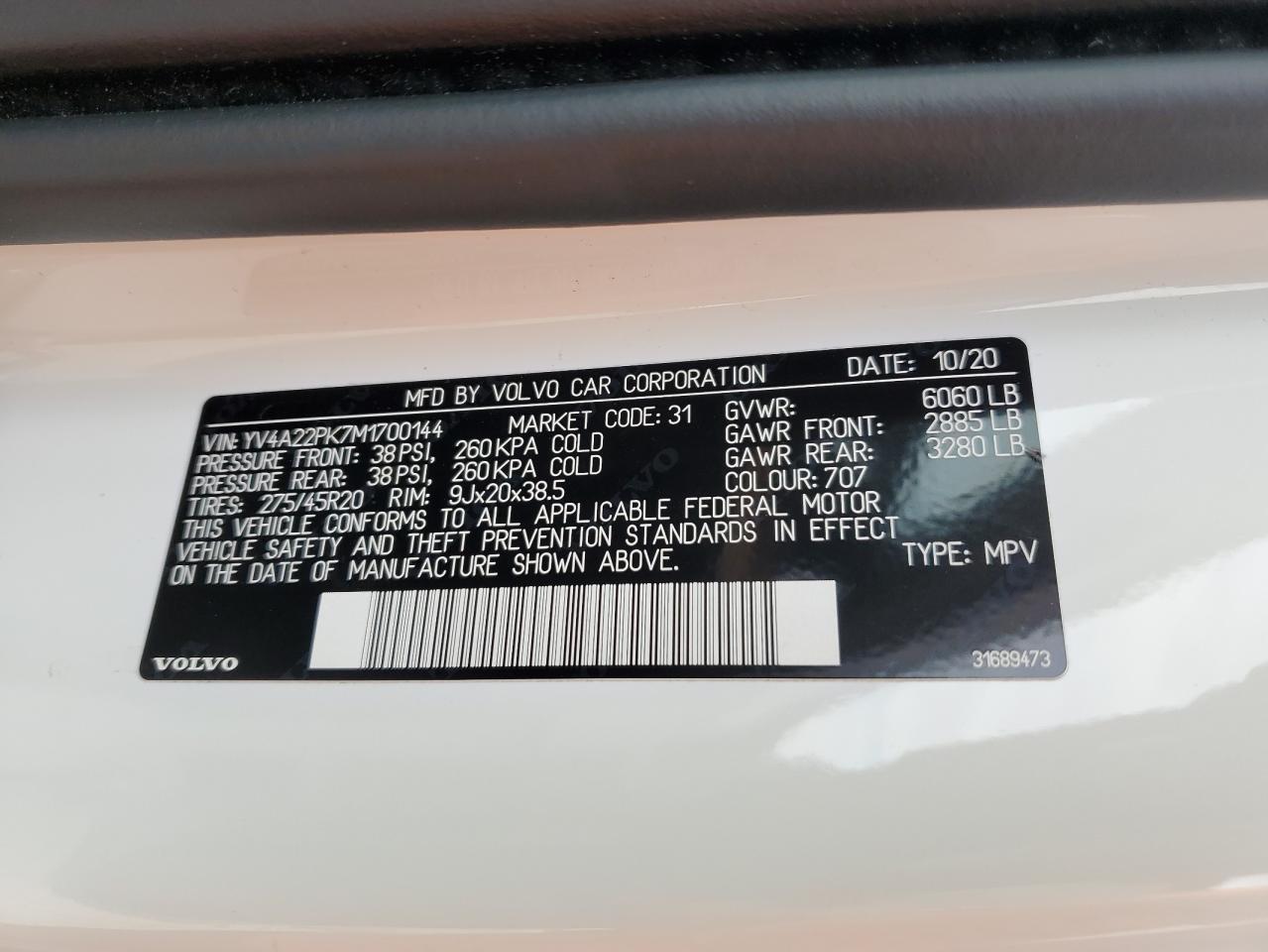 2021 Volvo Xc90 T6 Momentum VIN: YV4A22PK7M1700144 Lot: 57918645