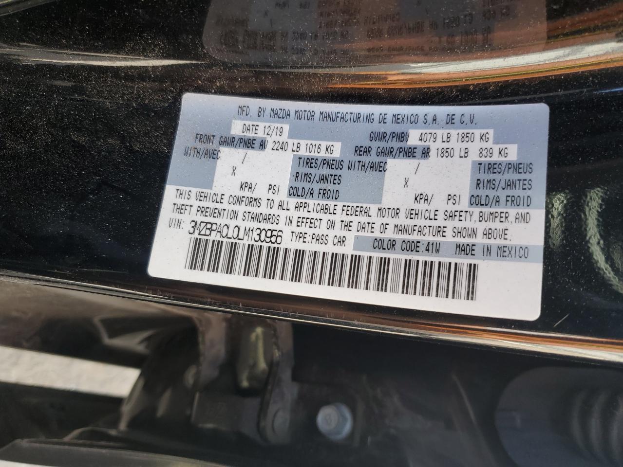 2020 Mazda 3 Select VIN: 3MZBPACL0LM130956 Lot: 57329515