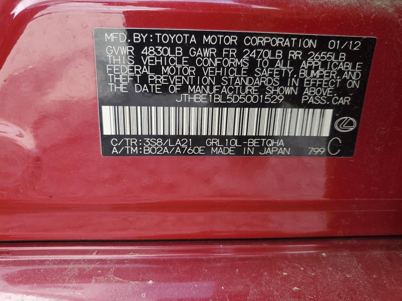 2013 Lexus Gs 350 VIN: JTHBE1BL5D5001529 Lot: 57337145