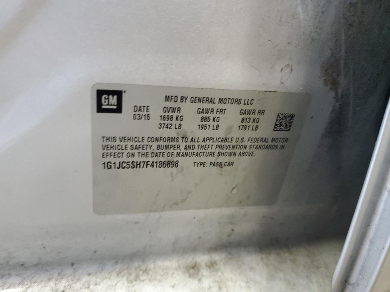 2015 Chevrolet Sonic Lt VIN: 1G1JC5SH7F4186898 Lot: 56251005