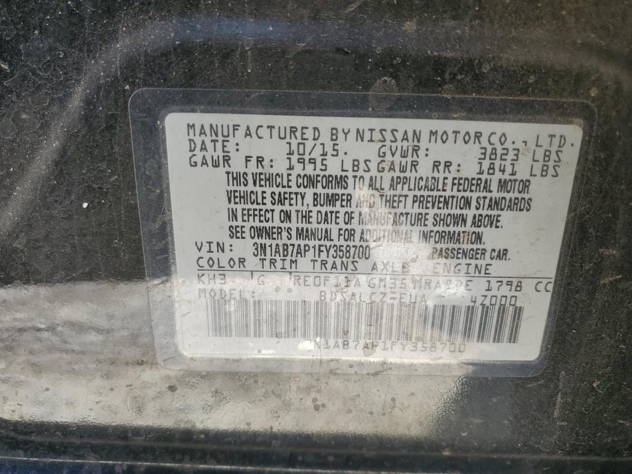 2015 Nissan Sentra S VIN: 3N1AB7AP1FY358700 Lot: 57102385