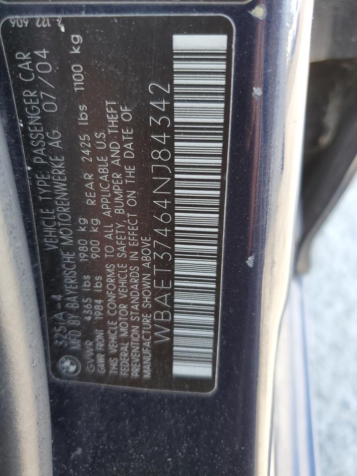 2004 BMW 325 I VIN: WBAET37464NJ84342 Lot: 56643835