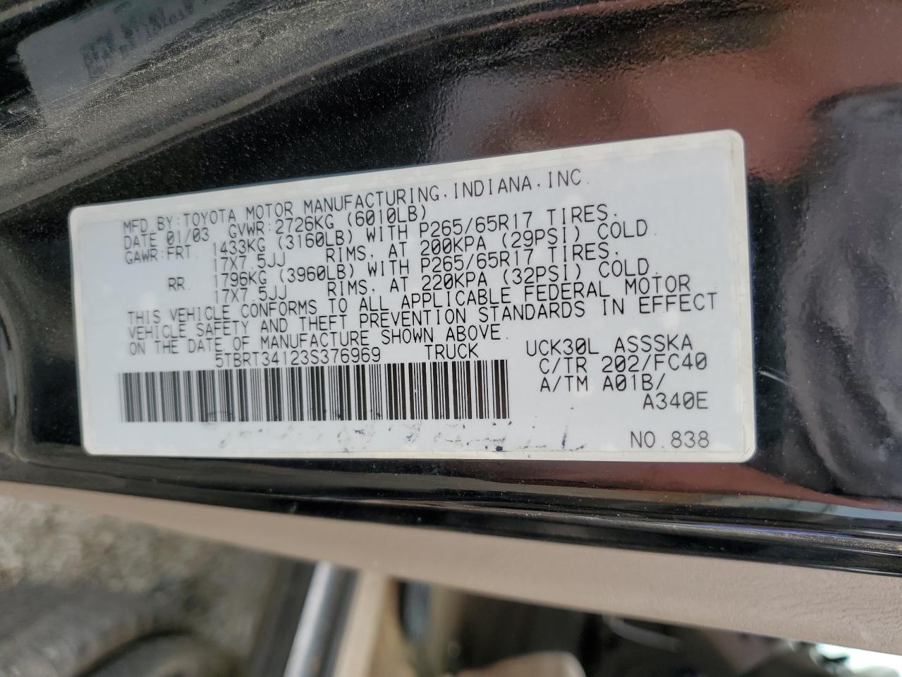 2003 Toyota Tundra Access Cab Sr5 VIN: 5TBRT34123S376969 Lot: 57205695