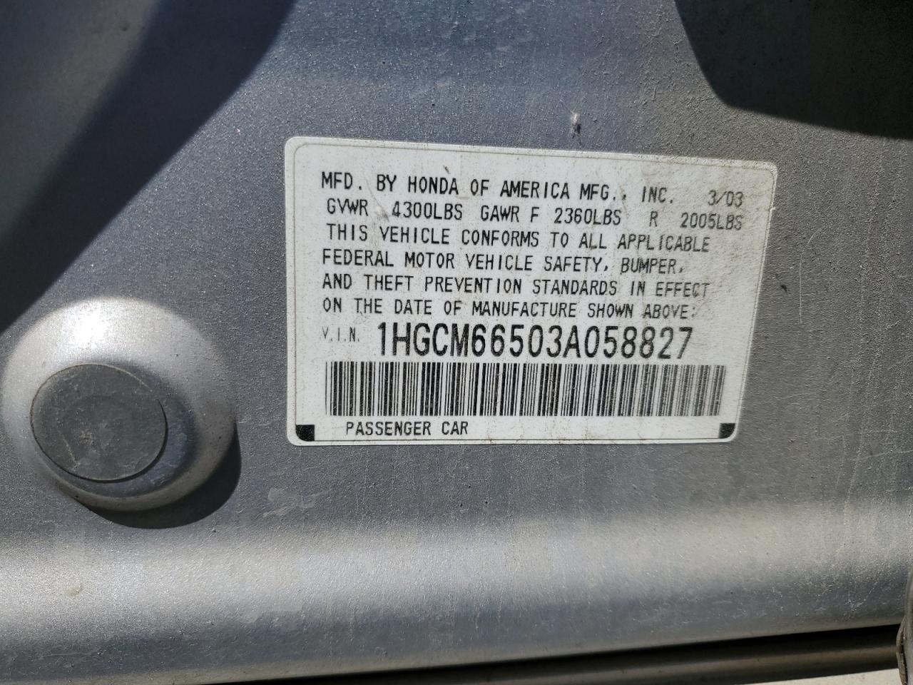 2003 Honda Accord Ex VIN: 1HGCM66503A058827 Lot: 57183375