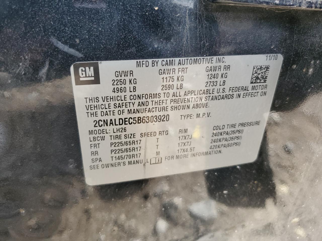 2011 Chevrolet Equinox Lt VIN: 2CNALDEC5B6303920 Lot: 56648425
