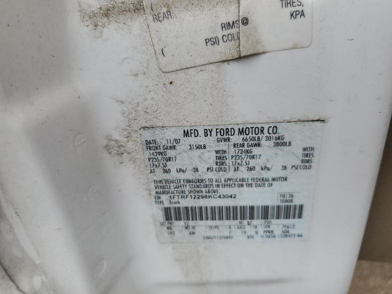 2008 Ford F150 VIN: 1FTRF12298KC43042 Lot: 56376745