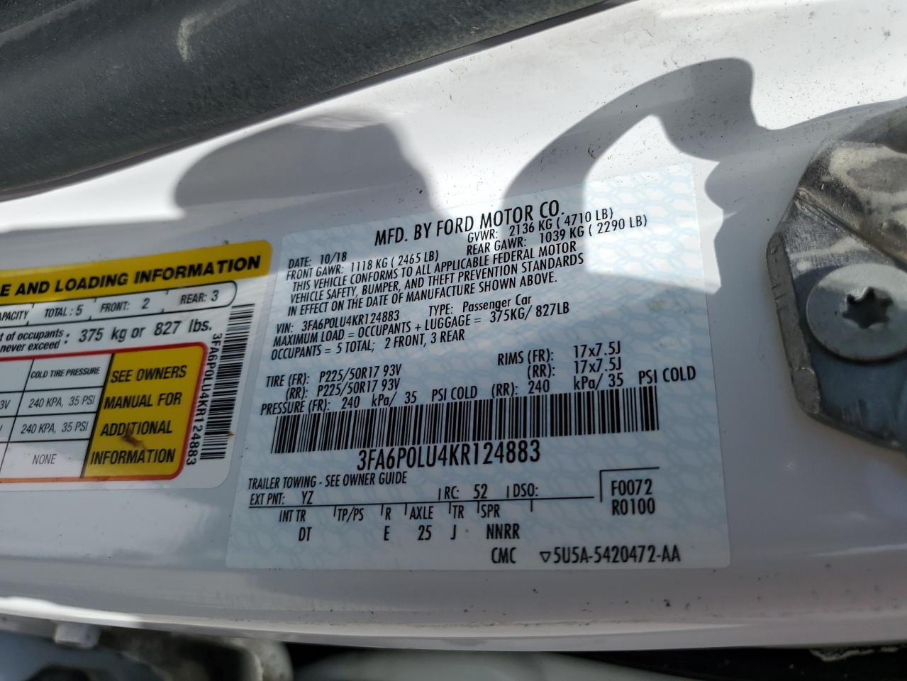 2019 Ford Fusion Se VIN: 3FA6P0LU4KR124883 Lot: 54025765